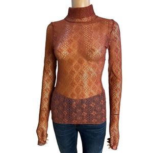 Free People Burnt Orange Metallic Lace Turtleneck Top